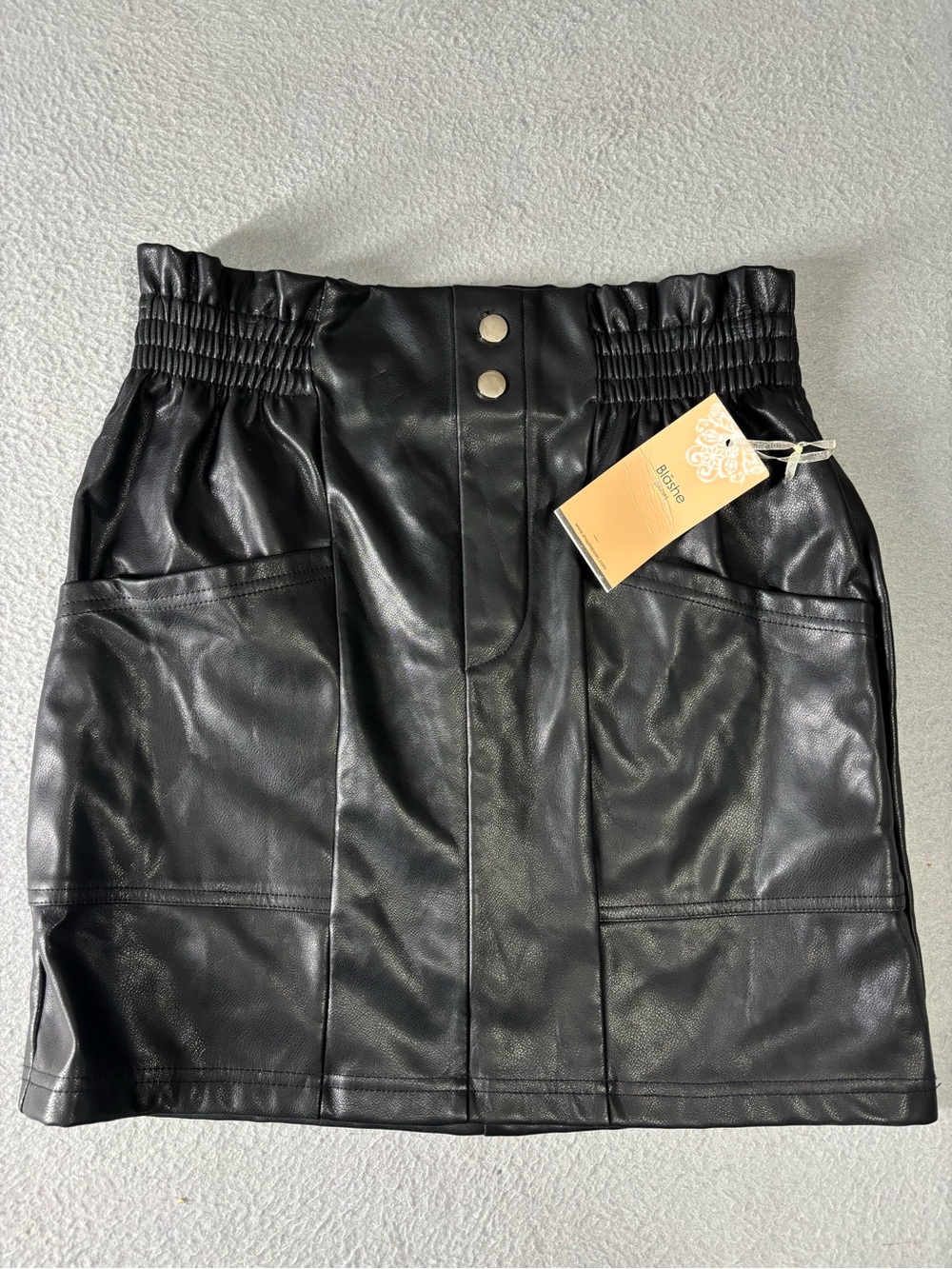 Faux Leather Black Mini Skirt with Smocked Waist